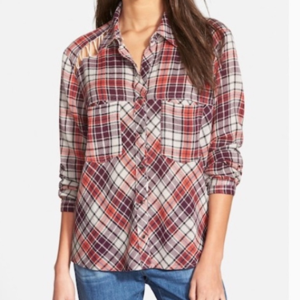 Free People Laced Shoulder Snap Button Plaid Shirt Size S